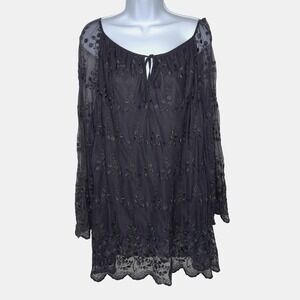 AGB Woman Blouse Womens 3XL Black Embroidered Mesh Tunic Top Long Sleeve Lined
